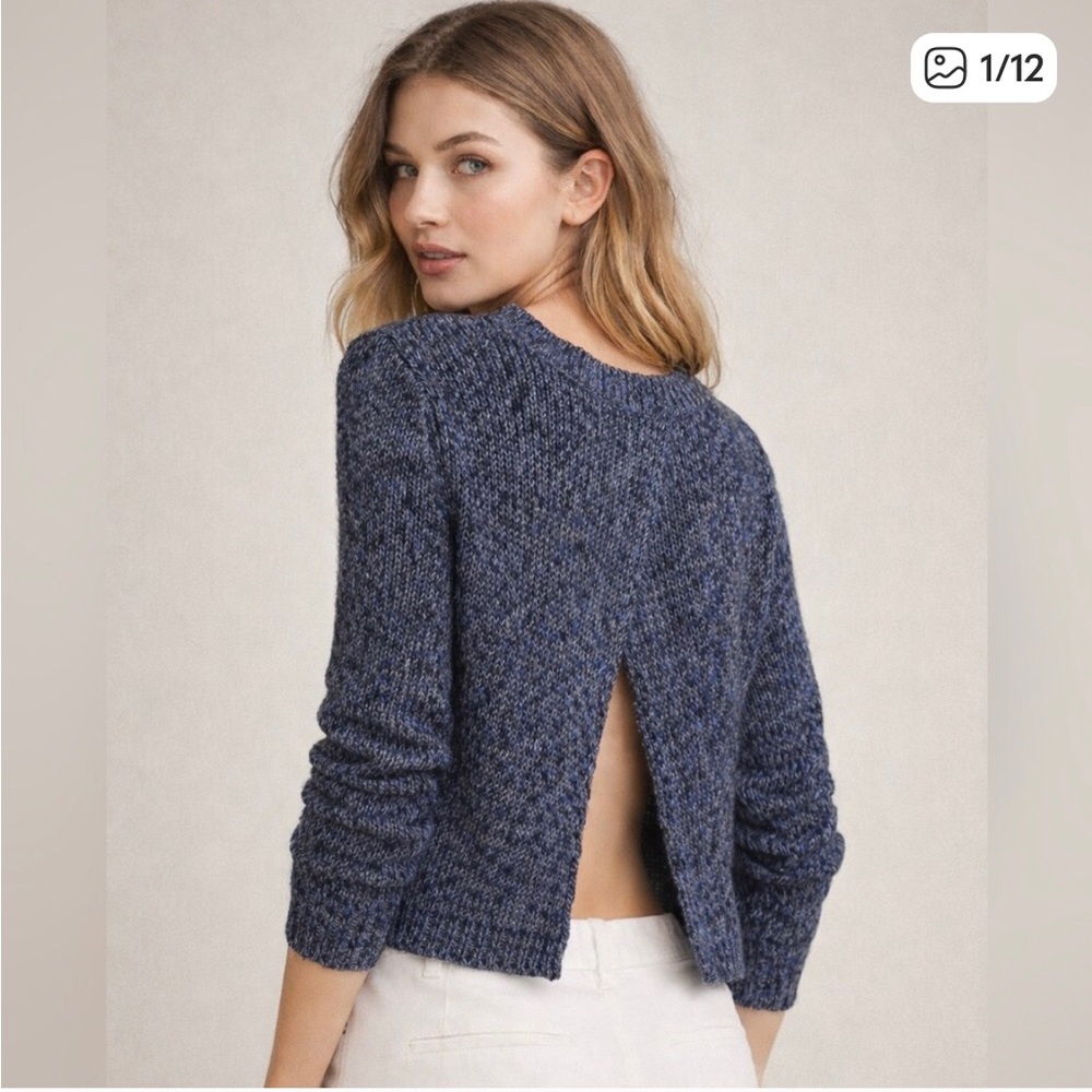Babaton Knit Linen and Silk Split-Back Crewneck Sweater in Navy Blue Black